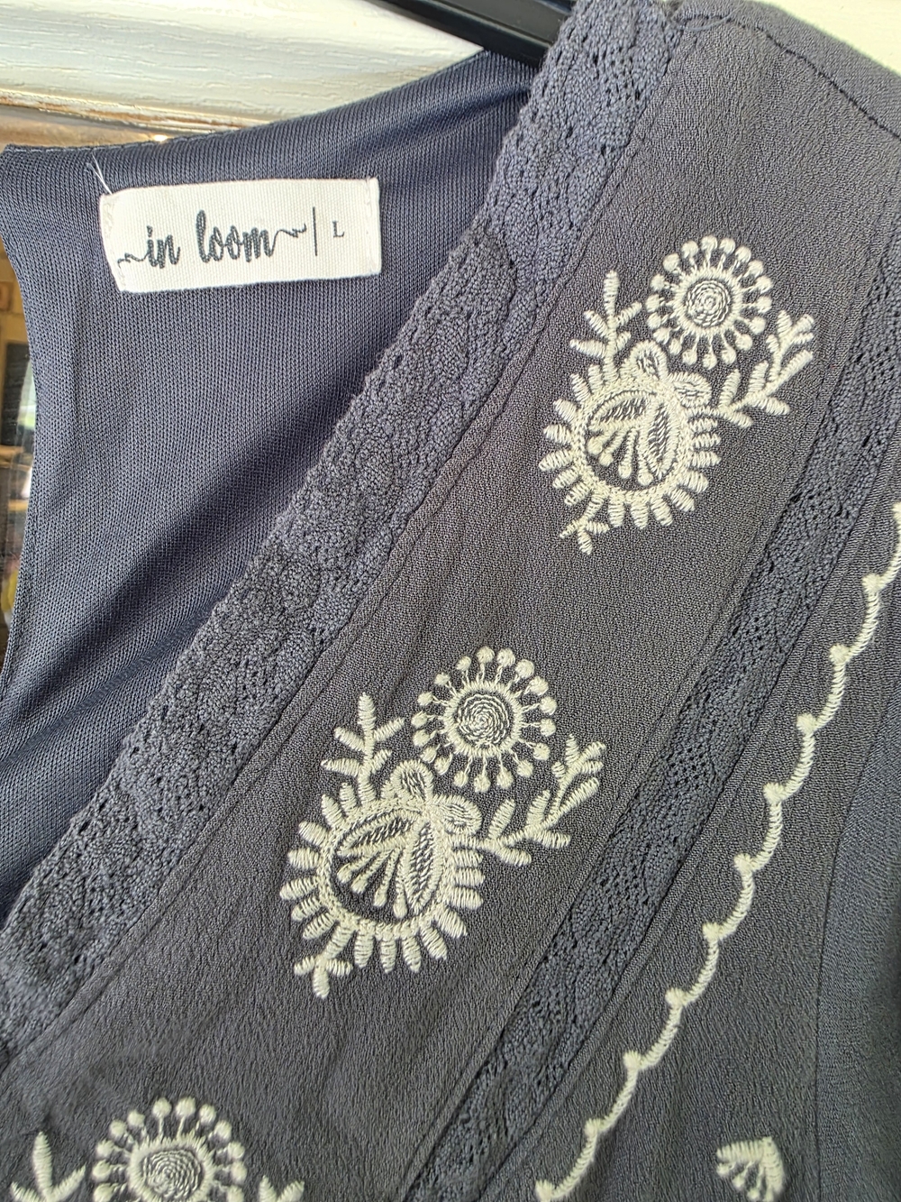 In Loom Smokey Blue Boho Dress Floral Embroidery Flowy Sz Large Maxi - Picture 4 of 5